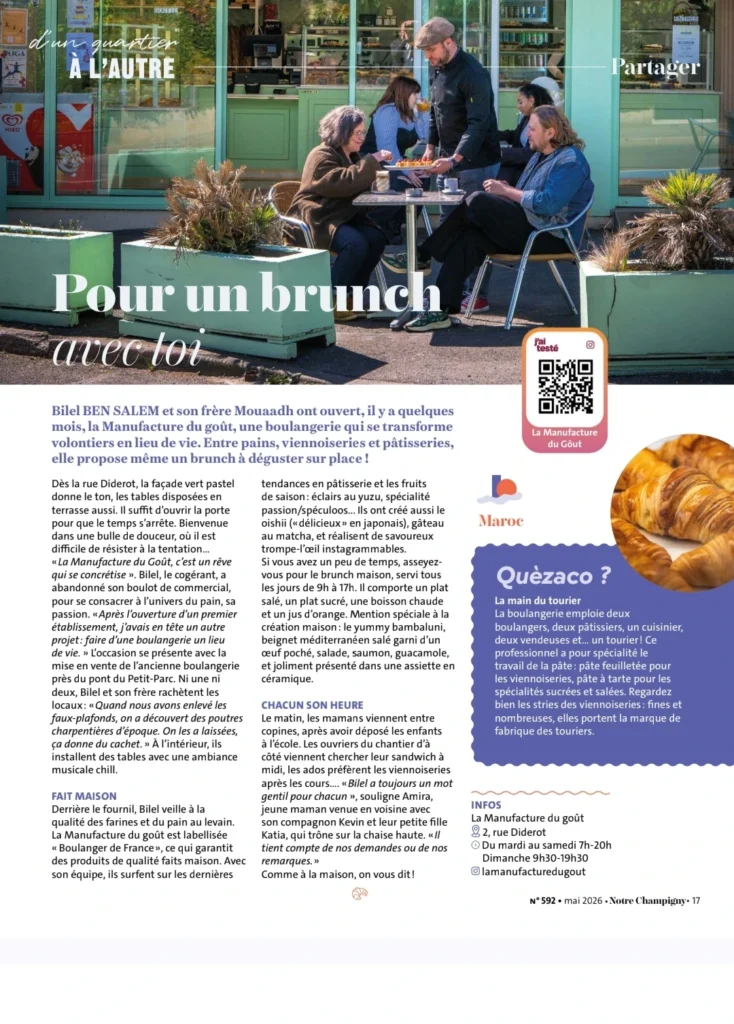 Clients attablés en terrasse devant La manufacture du goût, boulangerie-pâtisserie artisanale au 2 rue Diderot à Champigny-sur-Marne (94)